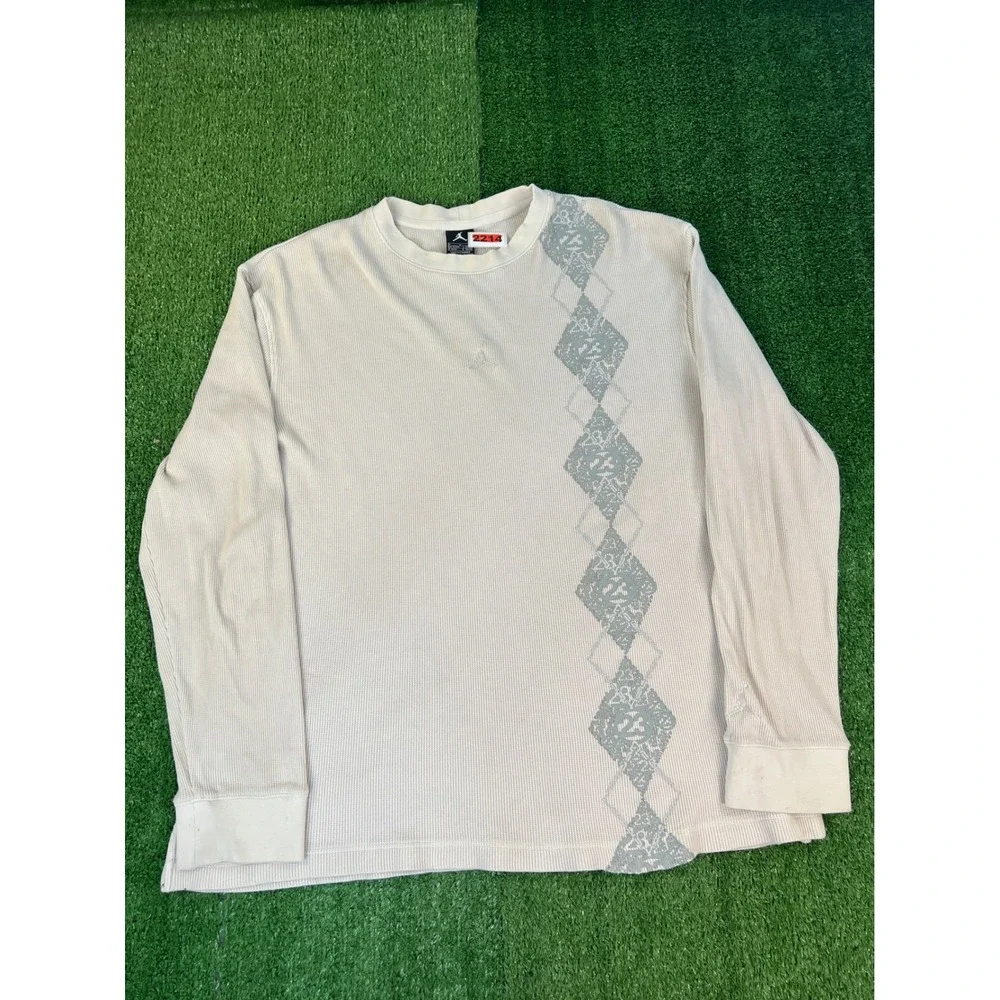 Jordan Mens Long Sleeve Thermal Waffle Knit Shirt Gray Argyle 23 Jumpman Large